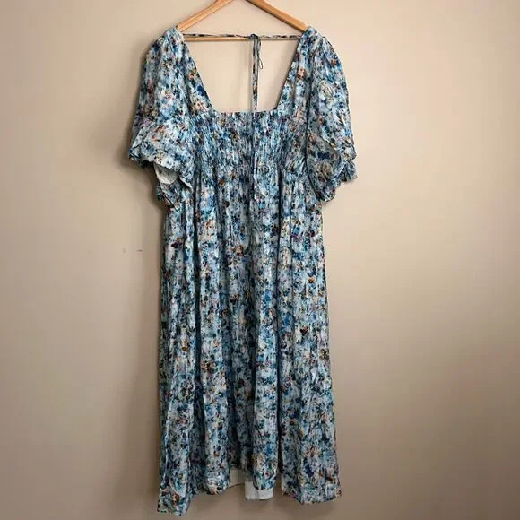 By Anthropologie Blue Floral Short-Sleeve Smocked Babydoll Midi Dress Size 3X - Picture 9 of 10